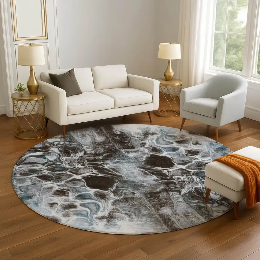 8' Chocolate Blue And Gray Abstract Washable Round Rug With UV Protection Photo 5