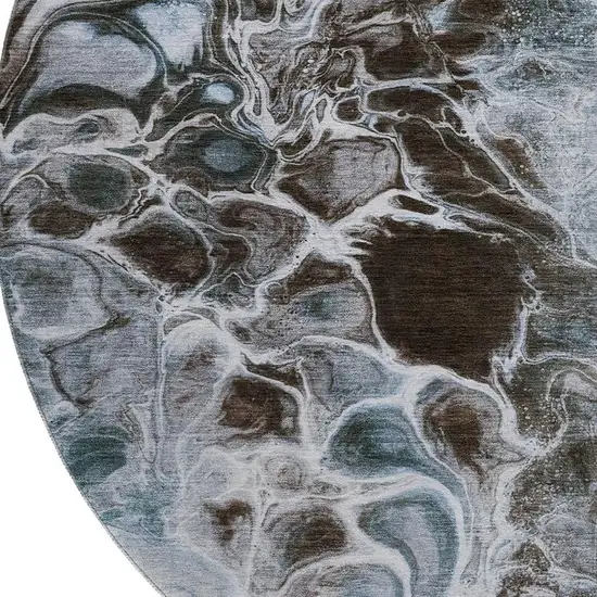 8' Chocolate Blue And Gray Abstract Washable Round Rug With UV Protection Photo 3