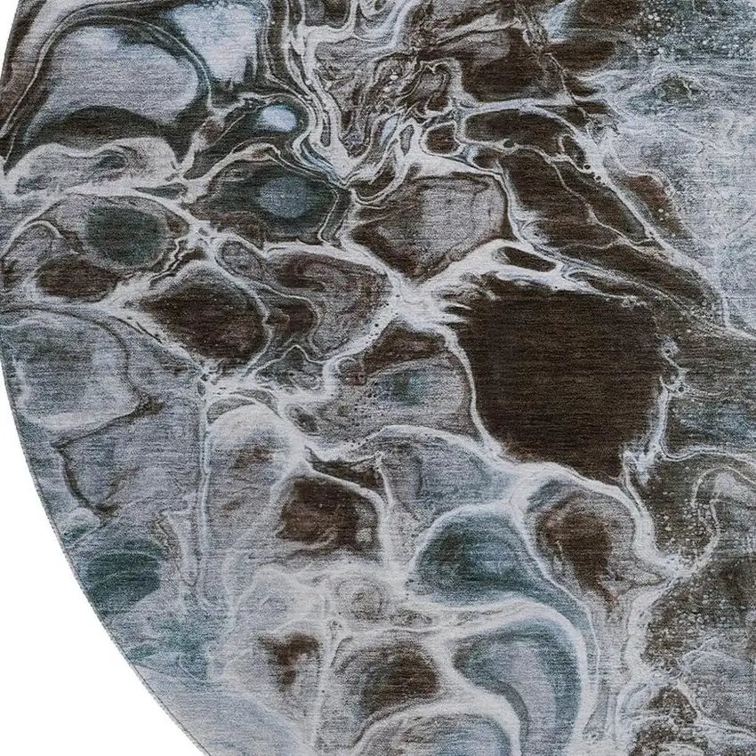 8' Chocolate Blue And Gray Abstract Washable Round Rug With UV Protection Photo 3