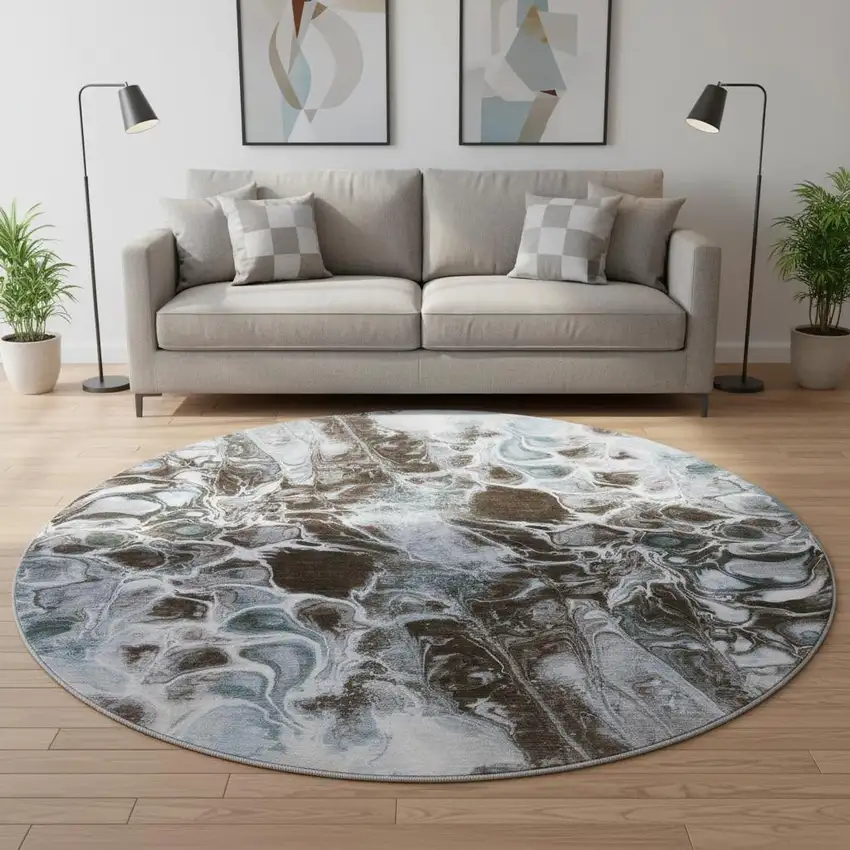 8' Chocolate Blue And Gray Abstract Washable Round Rug With UV Protection Photo 2