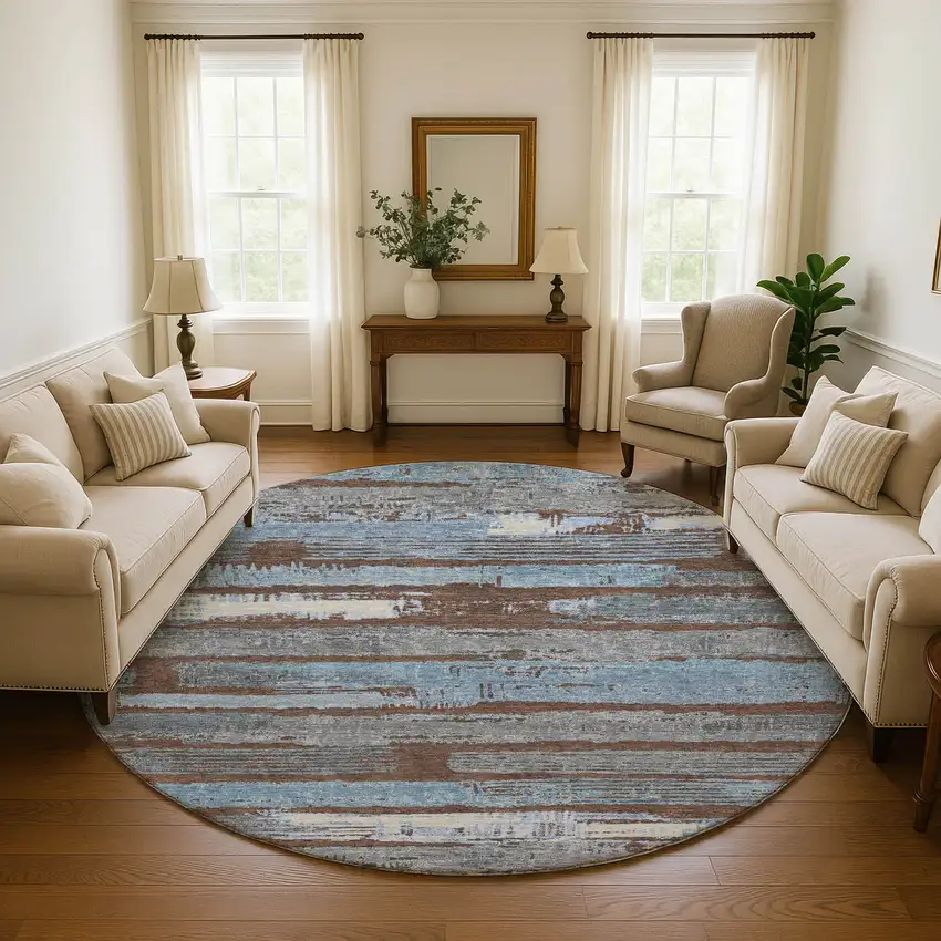 8' Chocolate Blue And Gray Striped Washable Round Rug With UV Protection Photo 4