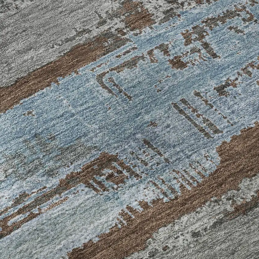 8' Chocolate Blue And Gray Striped Washable Round Rug With UV Protection Photo 8