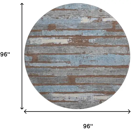 8' Chocolate Blue And Gray Striped Washable Round Rug With UV Protection Photo 9