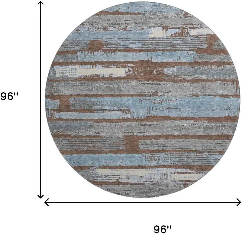 8' Chocolate Blue And Gray Striped Washable Round Rug With UV Protection Photo 9