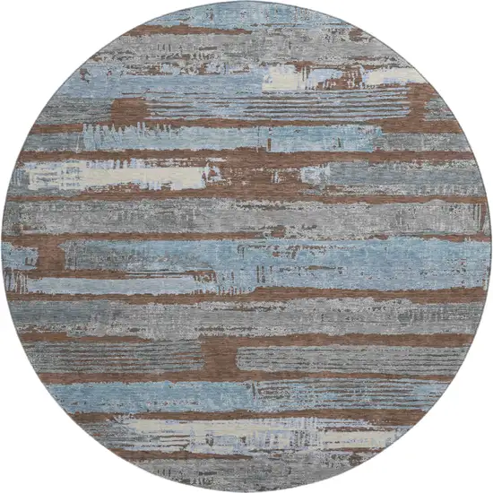 8' Chocolate Blue And Gray Striped Washable Round Rug With UV Protection Photo 1