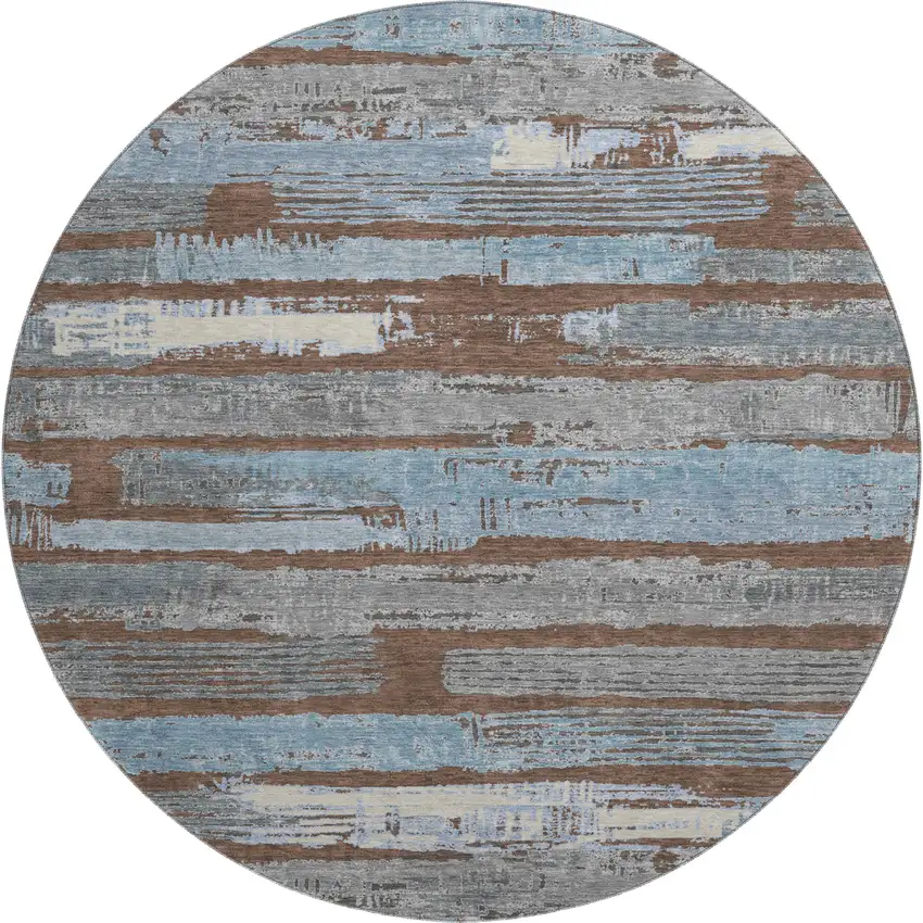 8' Chocolate Blue And Gray Striped Washable Round Rug With UV Protection Photo 1