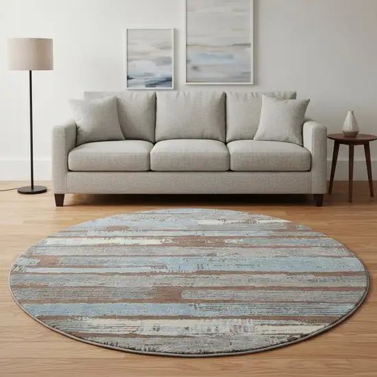 8' Chocolate Blue And Gray Striped Washable Round Rug With UV Protection Photo 2
