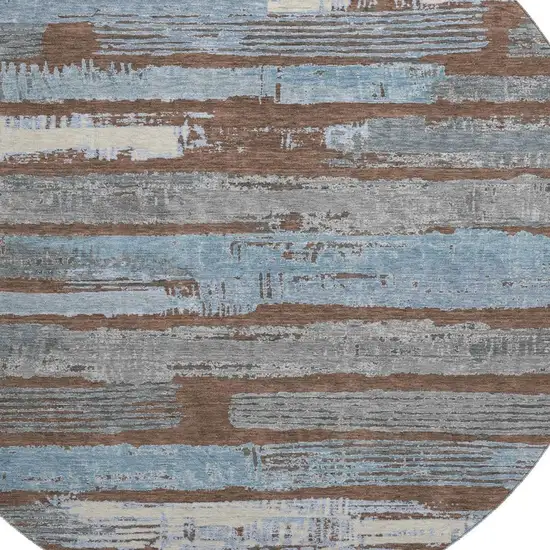 8' Chocolate Blue And Gray Striped Washable Round Rug With UV Protection Photo 2
