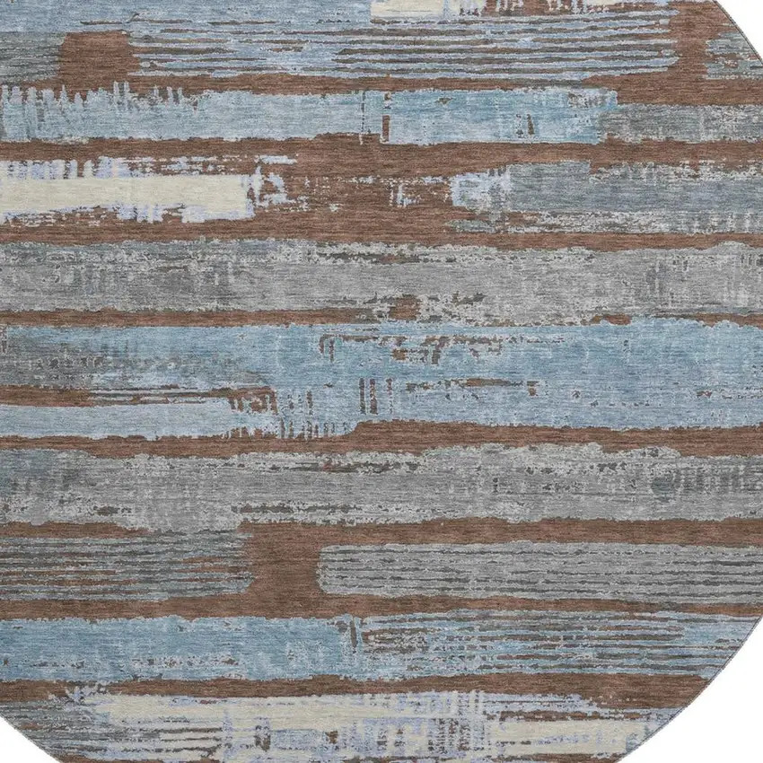 8' Chocolate Blue And Gray Striped Washable Round Rug With UV Protection Photo 2
