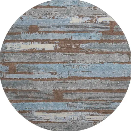 8' Chocolate Blue And Gray Striped Washable Round Rug With UV Protection Photo 3