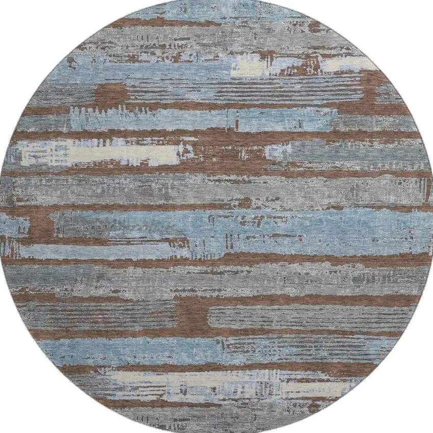 8' Chocolate Blue And Gray Striped Washable Round Rug With UV Protection Photo 3