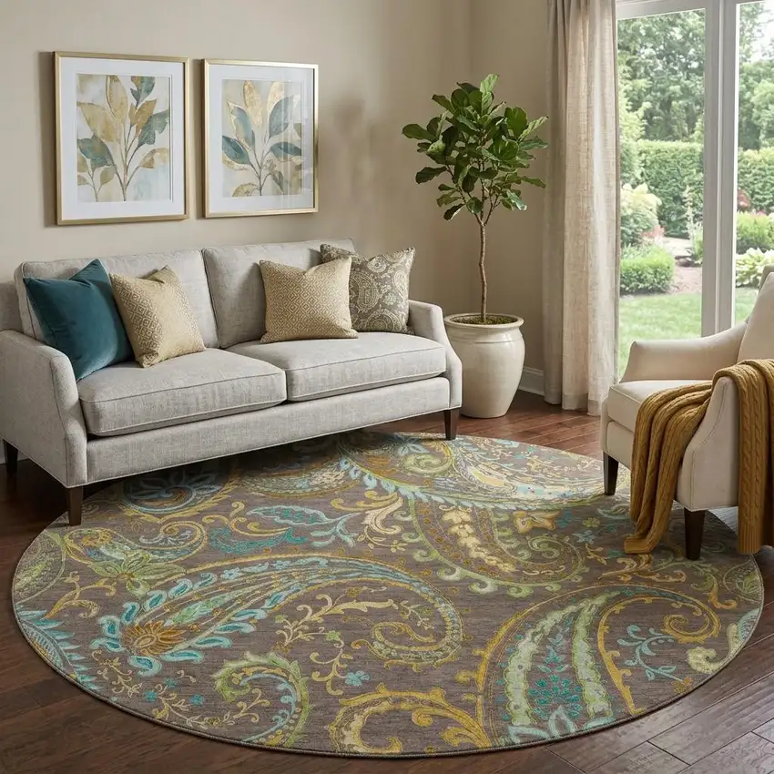 8' Chocolate Blue And Green Paisley Washable Round Rug With UV Protection Photo 1