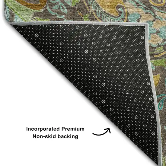 8' Chocolate Blue And Green Paisley Washable Round Rug With UV Protection Photo 6