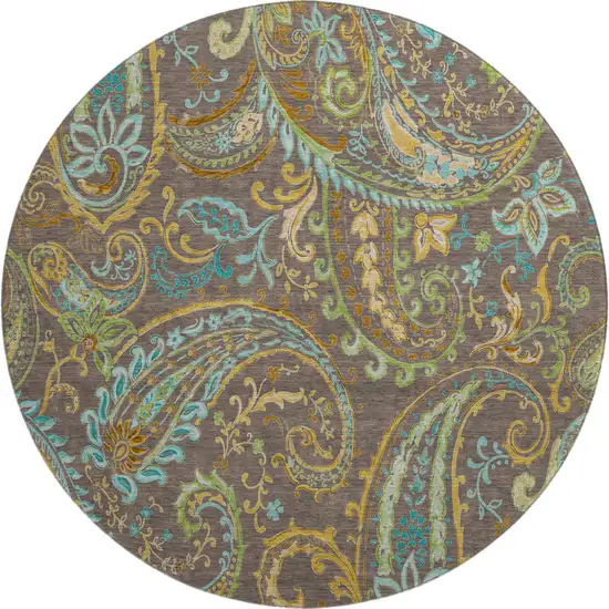 8' Chocolate Blue And Green Paisley Washable Round Rug With UV Protection Photo 1
