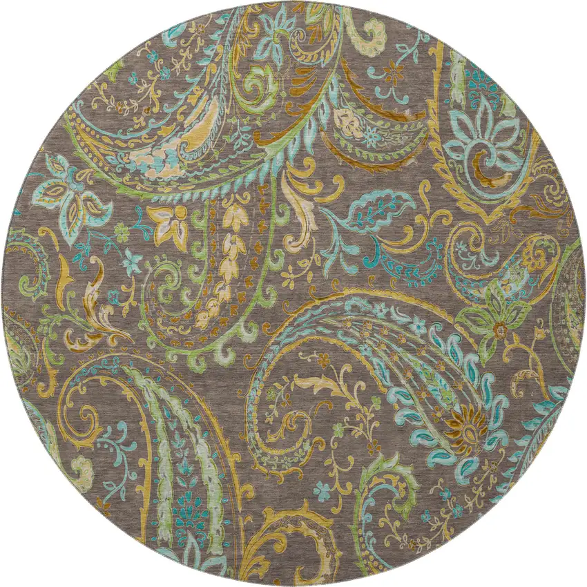 8' Chocolate Blue And Green Paisley Washable Round Rug With UV Protection Photo 4