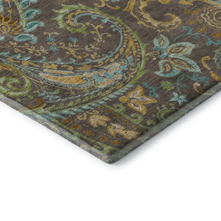 8' Chocolate Blue And Green Paisley Washable Round Rug With UV Protection Photo 7