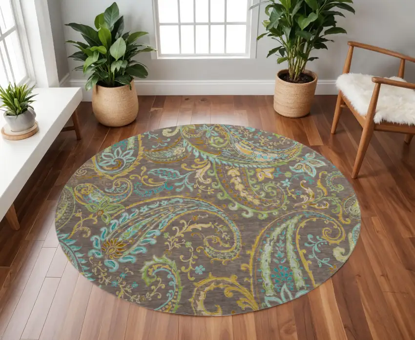 8' Chocolate Blue And Green Paisley Washable Round Rug With UV Protection Photo 2