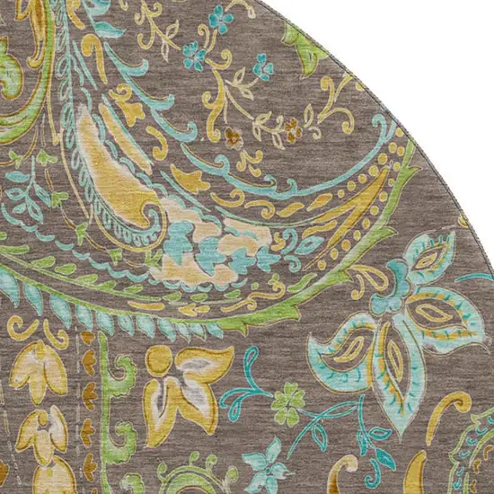 8' Chocolate Blue And Green Paisley Washable Round Rug With UV Protection Photo 3