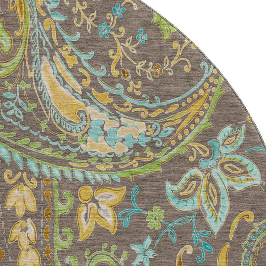 8' Chocolate Blue And Green Paisley Washable Round Rug With UV Protection Photo 3