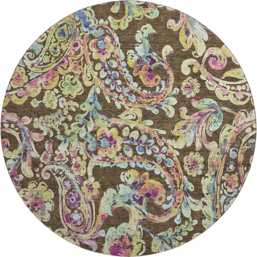 8' Chocolate Blue And Pink Paisley Washable Round Rug With UV Protection Photo 1