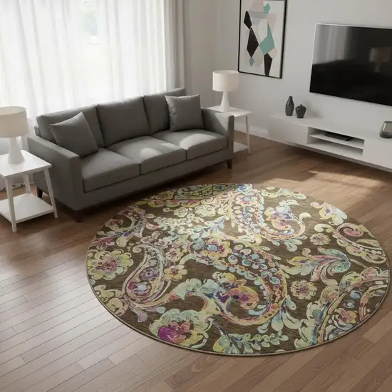 8' Chocolate Blue And Pink Paisley Washable Round Rug With UV Protection Photo 2