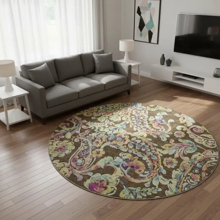 8' Chocolate Blue And Pink Paisley Washable Round Rug With UV Protection Photo 2