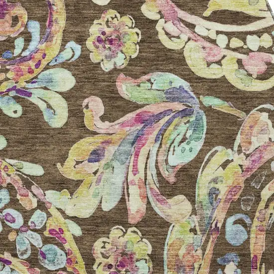 8' Chocolate Blue And Pink Paisley Washable Round Rug With UV Protection Photo 3