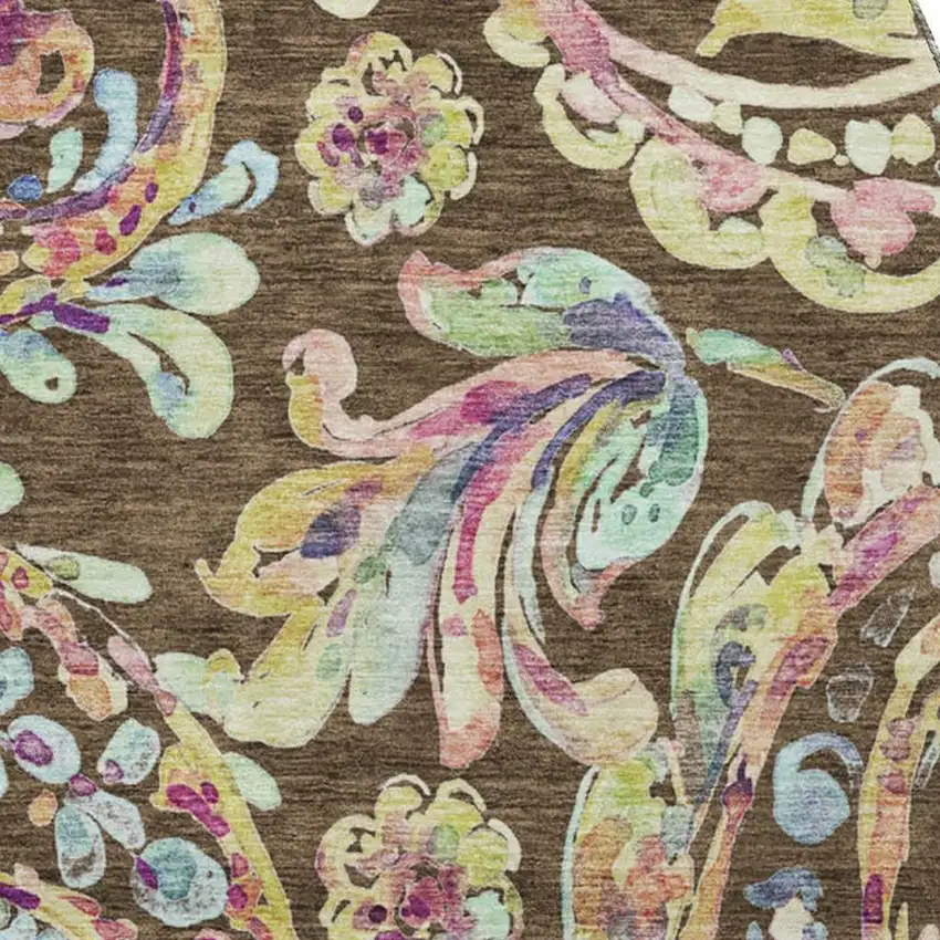 8' Chocolate Blue And Pink Paisley Washable Round Rug With UV Protection Photo 3