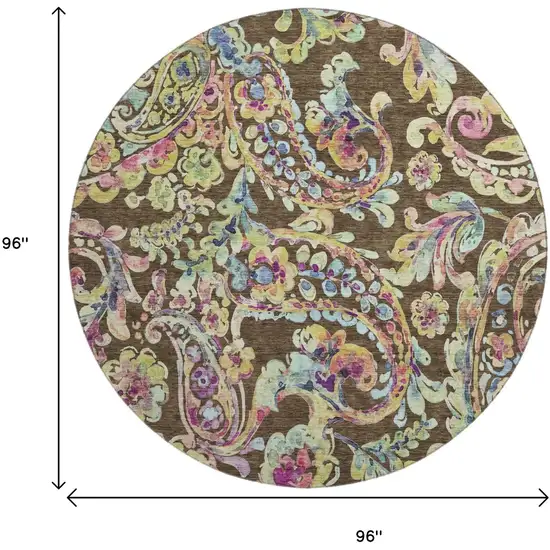 8' Chocolate Blue And Pink Paisley Washable Round Rug With UV Protection Photo 3