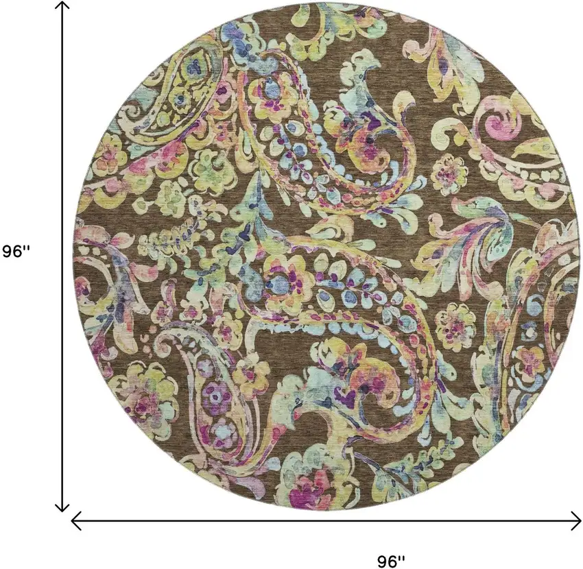 8' Chocolate Blue And Pink Paisley Washable Round Rug With UV Protection Photo 3