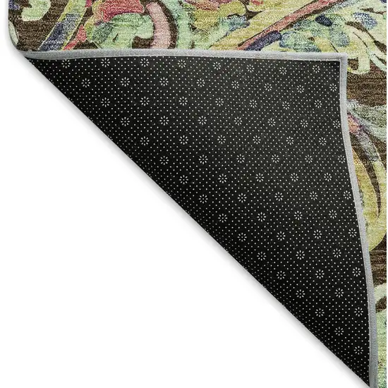 8' Chocolate Blue And Pink Paisley Washable Round Rug With UV Protection Photo 6