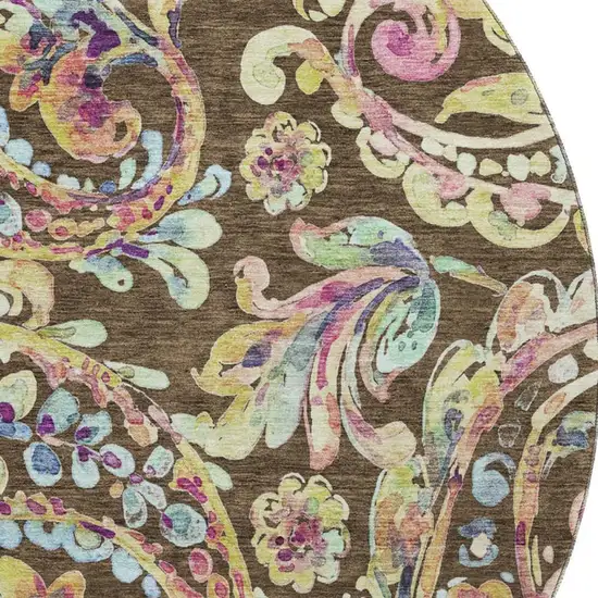 8' Chocolate Blue And Pink Paisley Washable Round Rug With UV Protection Photo 4