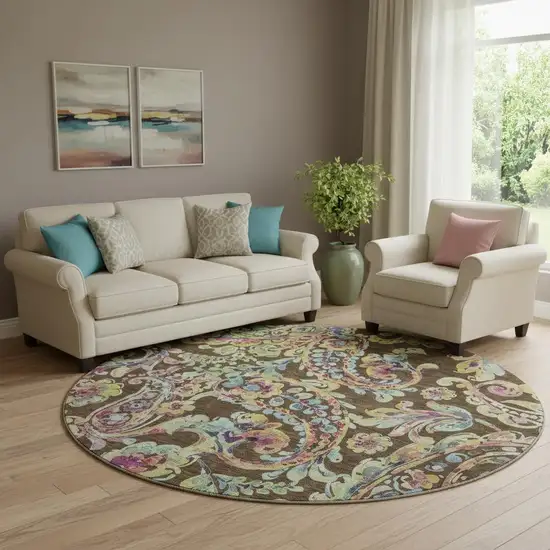 8' Chocolate Blue And Pink Paisley Washable Round Rug With UV Protection Photo 1