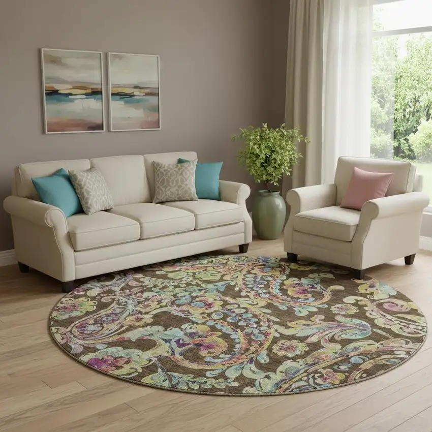 8' Chocolate Blue And Pink Paisley Washable Round Rug With UV Protection Photo 1