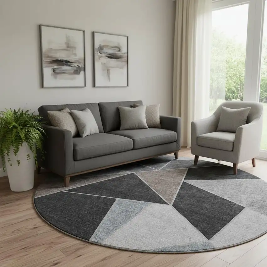8' Chocolate Brown And Gray Geometric Washable Round Rug With UV Protection Photo 1