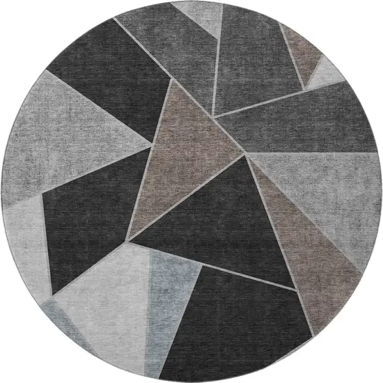 8' Chocolate Brown And Gray Geometric Washable Round Rug With UV Protection Photo 4