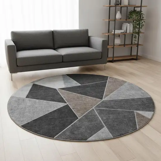 8' Chocolate Brown And Gray Geometric Washable Round Rug With UV Protection Photo 2