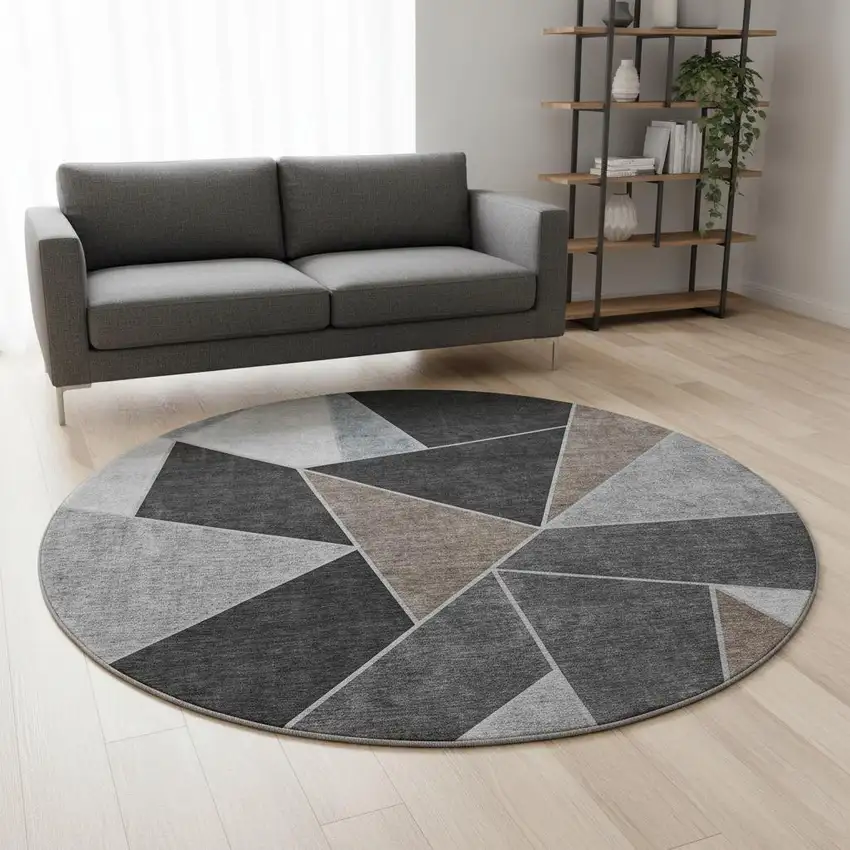 8' Chocolate Brown And Gray Geometric Washable Round Rug With UV Protection Photo 2