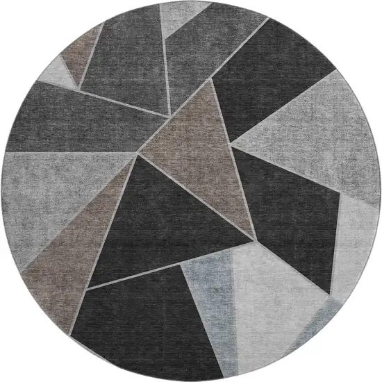 8' Chocolate Brown And Gray Geometric Washable Round Rug With UV Protection Photo 1