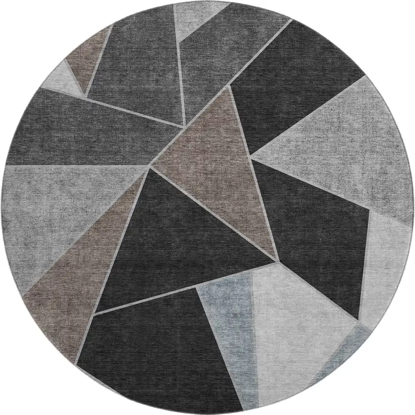 8' Chocolate Brown And Gray Geometric Washable Round Rug With UV Protection Photo 1