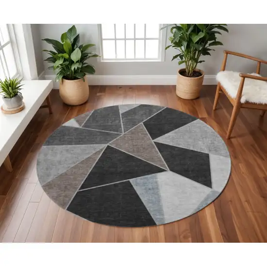 8' Chocolate Brown And Gray Geometric Washable Round Rug With UV Protection Photo 3