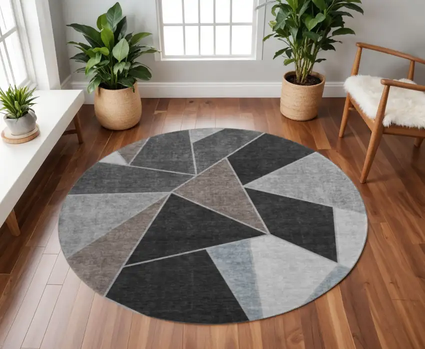 8' Chocolate Brown And Gray Geometric Washable Round Rug With UV Protection Photo 3