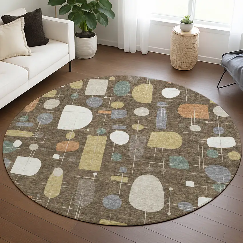 8' Chocolate Brown And Gray Round Geometric Washable Indoor Outdoor Area Rug Photo 5