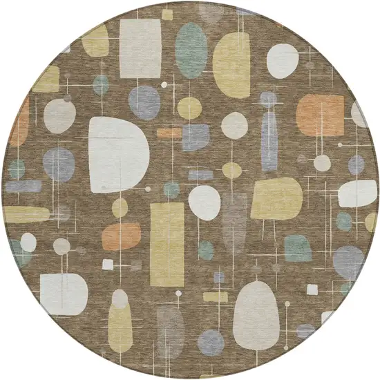 8' Chocolate Brown And Gray Round Geometric Washable Indoor Outdoor Area Rug Photo 1