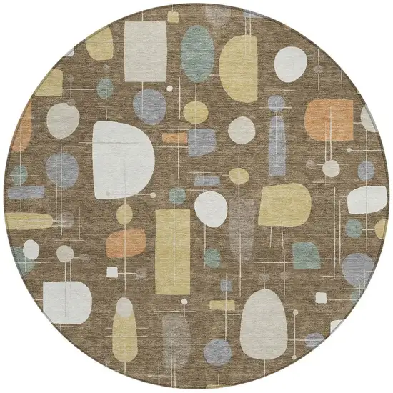 8' Chocolate Brown And Gray Round Geometric Washable Indoor Outdoor Area Rug Photo 2