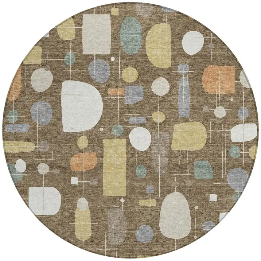 8' Chocolate Brown And Gray Round Geometric Washable Indoor Outdoor Area Rug Photo 2