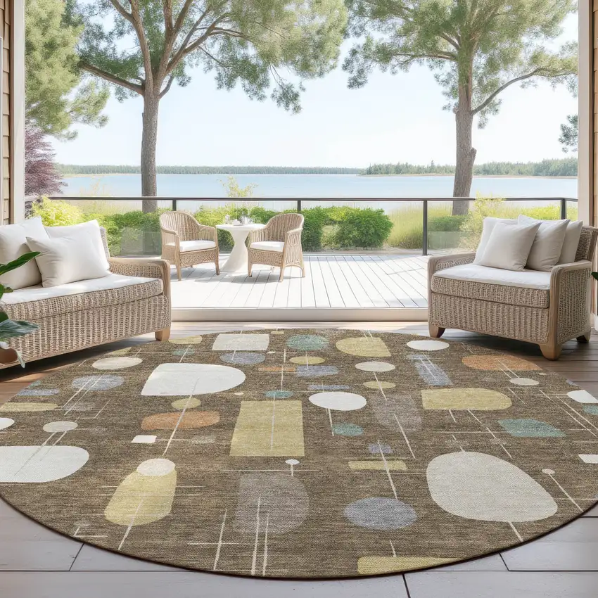 8' Chocolate Brown And Gray Round Geometric Washable Indoor Outdoor Area Rug Photo 4