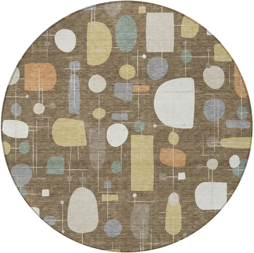 8' Chocolate Brown And Gray Round Geometric Washable Indoor Outdoor Area Rug Photo 3