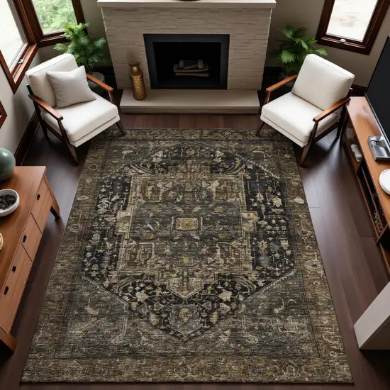 8' Chocolate Charcoal And Beige Oriental Washable Area Rug With UV Protection Photo 4