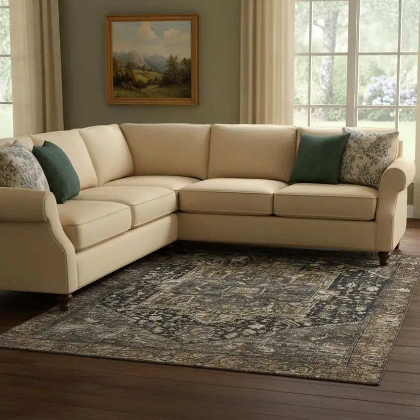 8' Chocolate Charcoal And Beige Oriental Washable Area Rug With UV Protection Photo 2